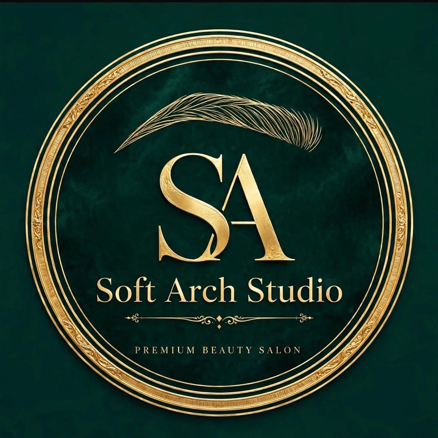Soft Arch Studio logo, gold monogram SA on emerald